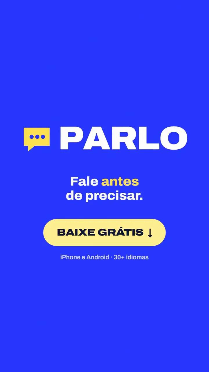 Versão estática do anúncio do Parlo: logo, frase e botão Baixe grátis